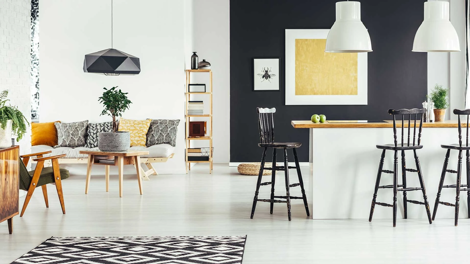 Attractive kitchen with navy and yellow colour scheme